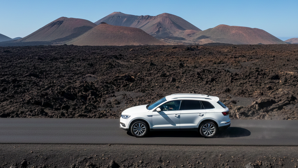 Coche de alquiler blanco tipo SUV conduciendo por una carretera de asfalto entre campos de lava negra y volcanes en Lanzarote